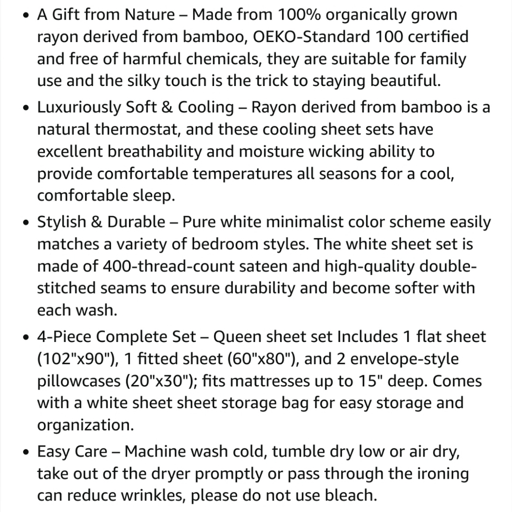 NIB Bamboo Sheet set 4 Pieces Queen White Deep Pockets - Picture 9 of 13